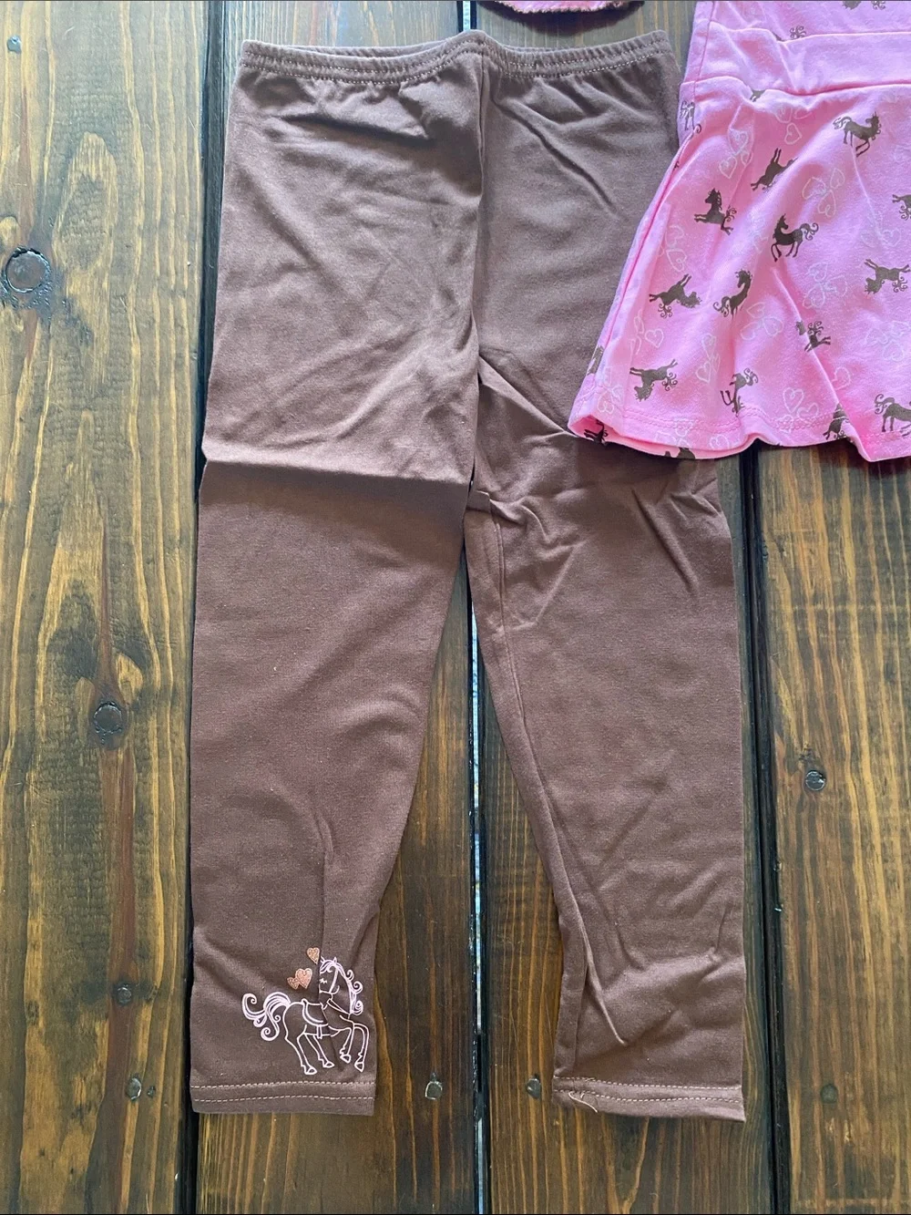 Dollie & Me Pink & Brown Horse-Print Set with Matching Doll Outfit. Size 5